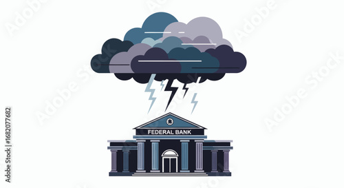 A bank building sits under a stormy cloud with lightning strikes