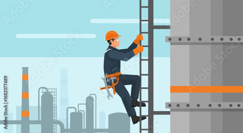 Worker in hard hat and safety gear climbs an industrial ladder Factory background under blue sky