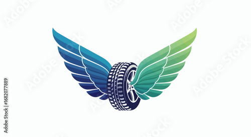 A car tire with blue and green wings spreading on either side