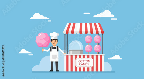 A cotton candy vendor stands next to his red and white striped booth