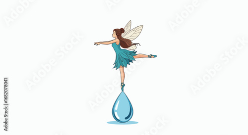 A fairy in a blue dress balances en pointe on a blue water droplet