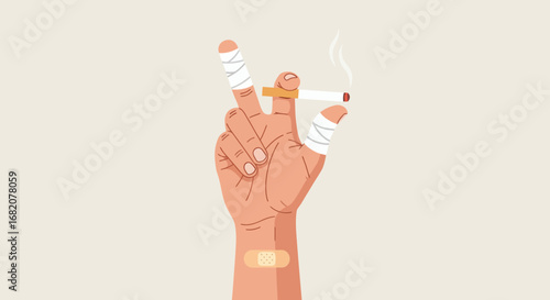 A hand with bandages holds a lit cigarette Bandaid on wrist