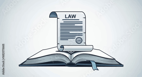 An open book with a rolled LAW document placed on top secured by a seal