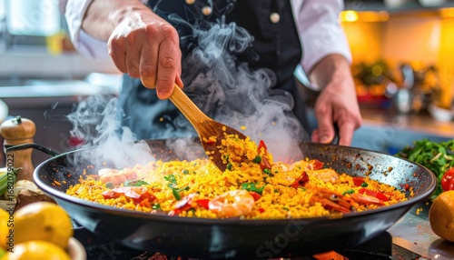 A chef stirs a pan of steaming paella, vibrant with yellow rice, shrimp, and peppers, in a busy kitchen