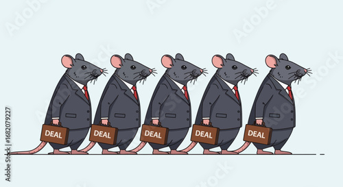 Five anthropomorphic rats in suits carrying briefcases labeled DEAL stand in a row against a light blue background