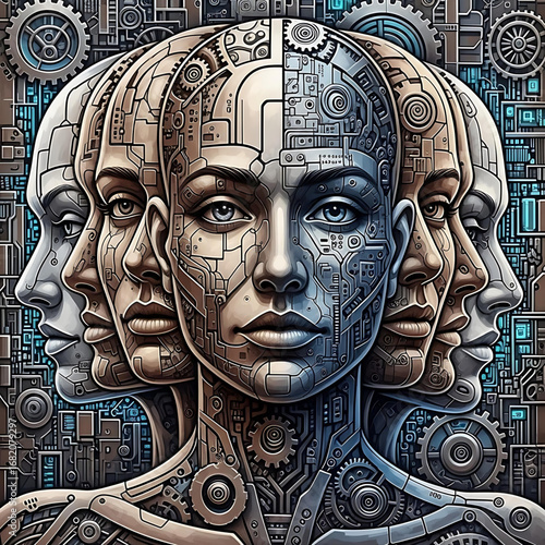 Surreal Portrait of Fragmented Faces with Mechanical Gears – Futuristic Cubist Abstract Art