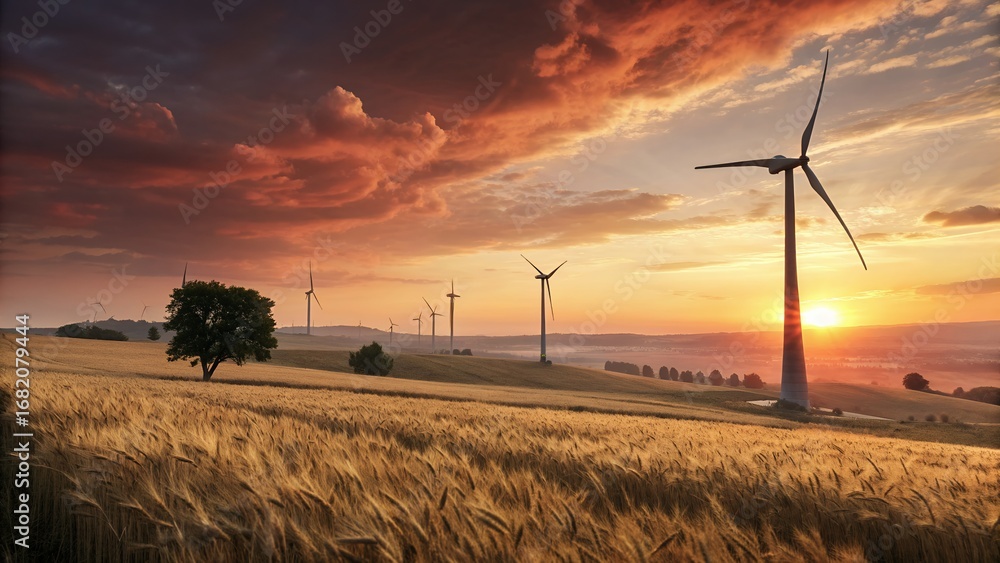 Obraz premium Sunrise over a Golden Wheat Field with Wind Turbines