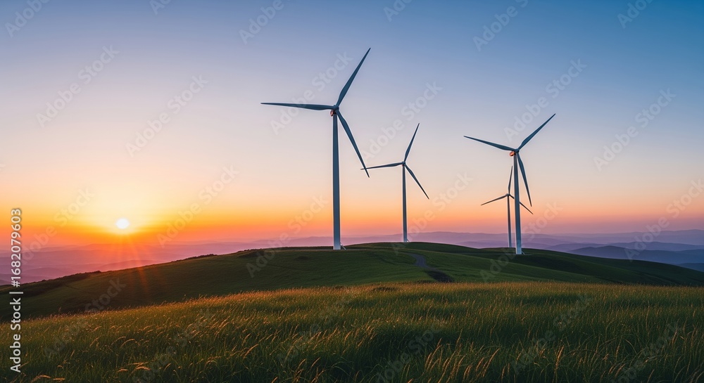 Obraz premium Sunset landscape with wind turbines generating clean energy