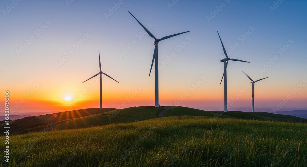 Obraz premium Sunset Landscape with Wind Turbines Clean Energy, Renewable Power, Green Technology