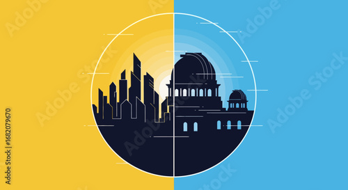 Silhouette cityscape divided by yellowblue buildings on left domed structure on right within a circle