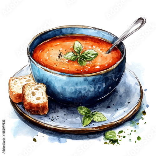 Hot Soup Bowl Winter, watercolor painting vector, isolated on a white background.