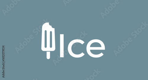The image shows the word ice with an ice cream stick replacing the letter I in white on a bluegrey background