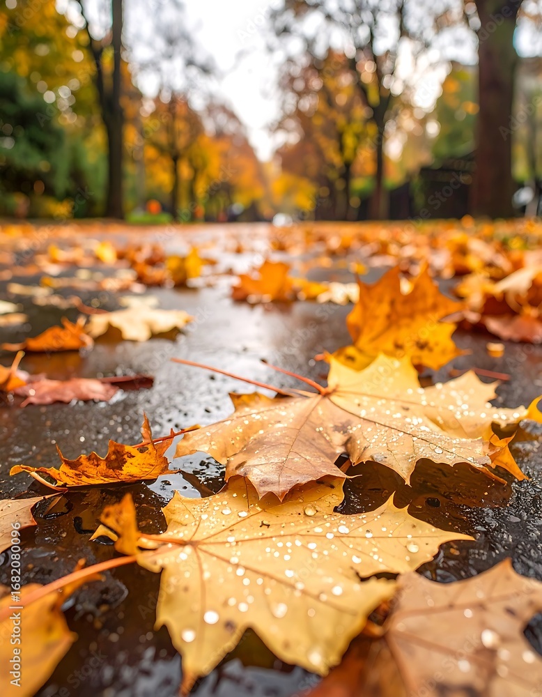 Obraz premium Autumn leaves on wet pavement