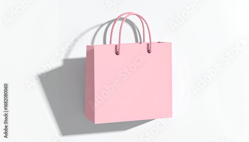 Single pink shopping bag with handles casting a shadow on a clean white background, minimalist studio shot.