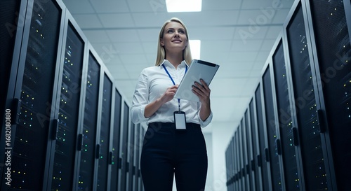 Woman using tablet in server room, data center, technology, IT, network infrastructure, digital, modern, professional, business, computer, internet, communication, cloud computing 