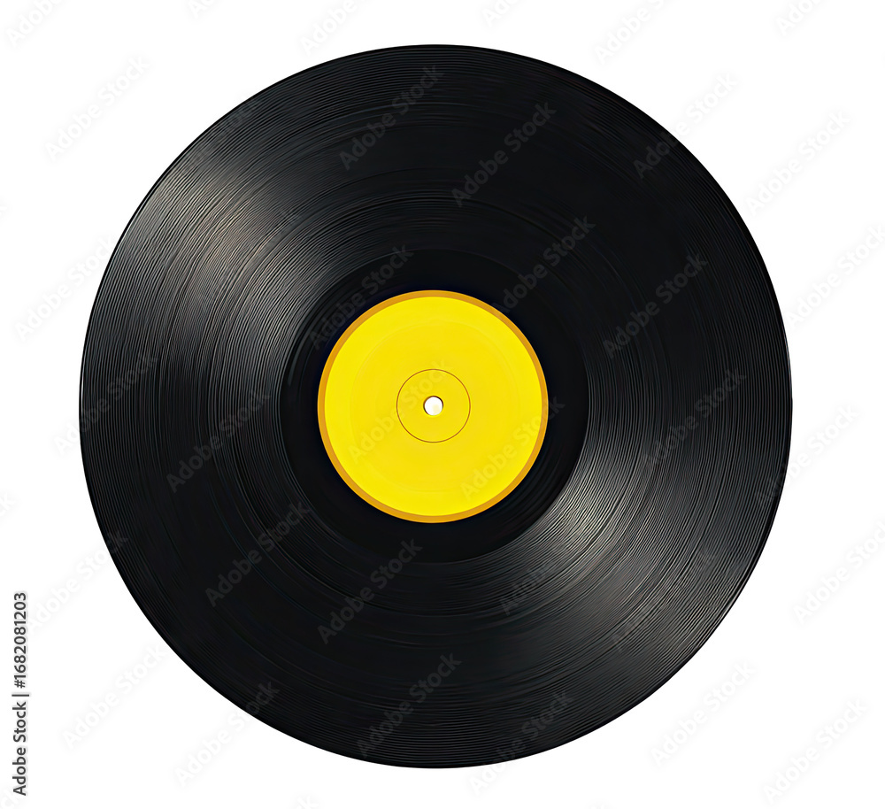 Obraz premium Close-up of a black vinyl record with a bright yellow label (3)