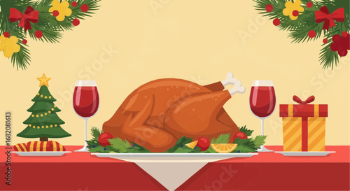 Christmas 2025  christmas dinner turkey feast celebration with wine and gifts holiday season festive meal thanksgiving day vector