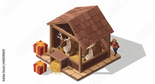 Christmas 2025  christmas reindeer barn with gifts vector illustration festive holiday scene winter animal cartoon drawing vector