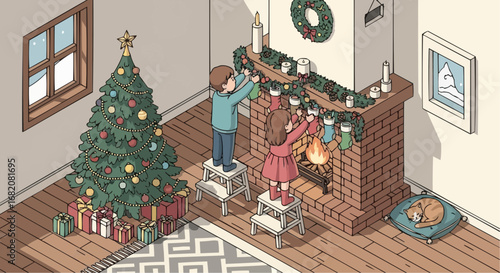 Christmas 2025  decorating christmas tree and fireplace with stockings a cozy holiday scene for family christmas time vector