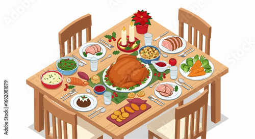Christmas 2025  thanksgiving dinner table setting with turkey, side dishes and festive decorations for holiday feast scene vector