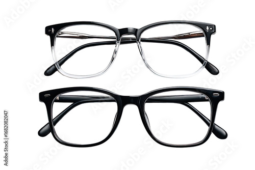 Close-up view of two pairs of rectangular eyeglasses, one pair with transparent/grey gradient lenses and the other in black