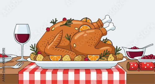 Christmas 2025  delicious thanksgiving turkey dinner with wine and cranberry sauce illustration vector design art vector