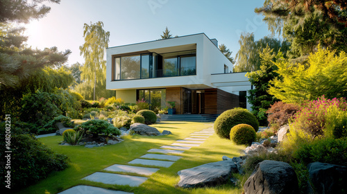 Modern house with garden. Exterior design. Morning.