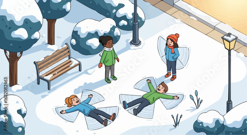 Christmas 2025  children making snow angels in winter park scene with snow covered trees and bench in a snowy landscape vector