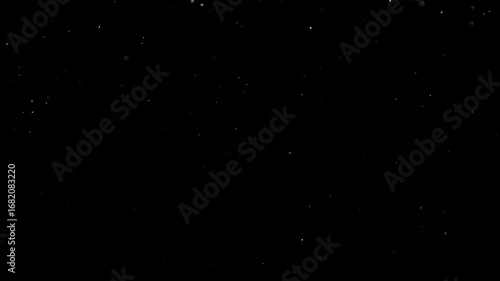 Natural Organic Dust Particles Floating On Black Background. Glittering Sparkling Particles Randomly Spin In The Air With Bokeh. Dynamic Particles With Fast And Slow Motion. Shimmering Dust In Space.	