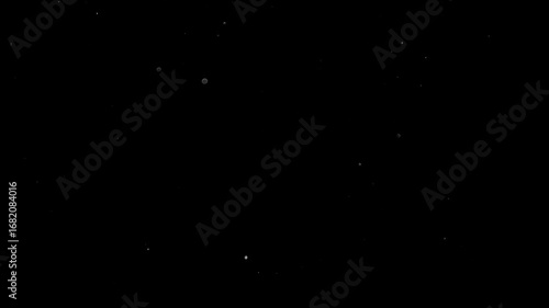 Natural Organic Dust Particles Floating On Black Background. Glittering Sparkling Particles Randomly Spin In The Air With Bokeh. Dynamic Particles With Fast And Slow Motion. Shimmering Dust In Space.	