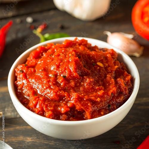Red sauce in a bowl, surrounded by ingredients