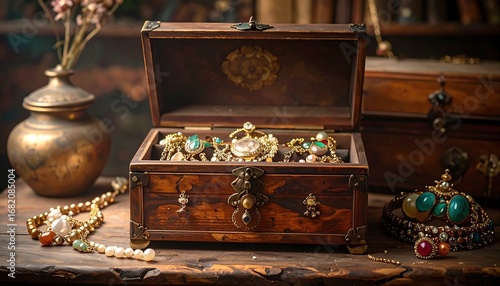 A wooden antique jewelry box, overflowing with colorful treasures, sits on a rustic table, highlighted by warm lighting.