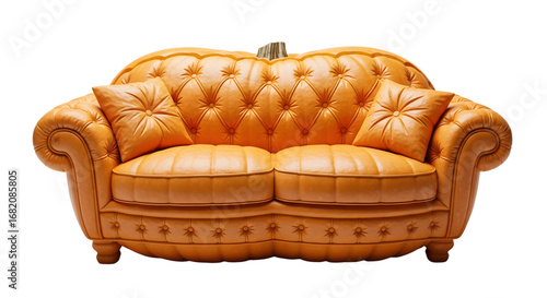 Unique pumpkin-shaped sofa with classic tufting and plush cushions creates a whimsical, cozy seating experience.