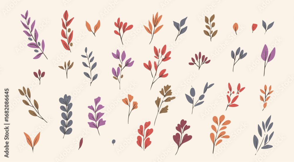 Obraz premium かわいい手書きの植物のイラストセット。紅葉や落ち葉のデザイン素材 ベクター