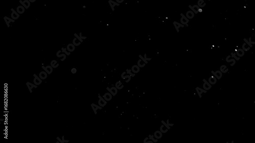 Natural Organic Dust Particles Floating On Black Background. Glittering Sparkling Particles Randomly Spin In The Air With Bokeh. Dynamic Particles With Fast And Slow Motion. Shimmering Dust In Space.	