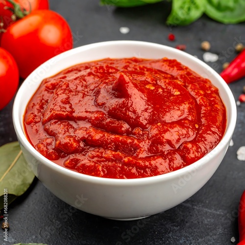 Red sauce in white bowl, surrounded by ingredients