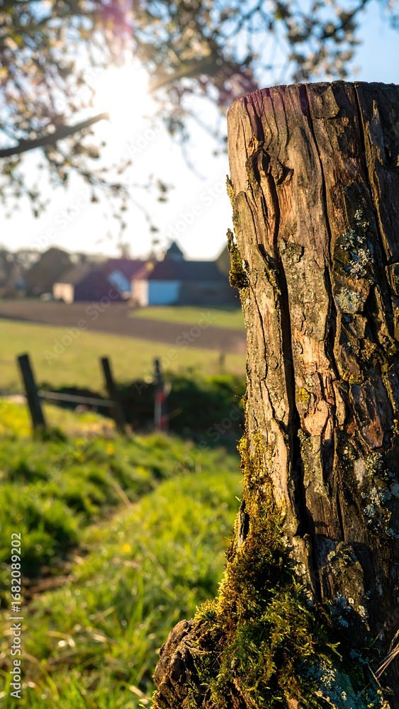 Fototapeta premium Rustic wooden stump in a spring landscape