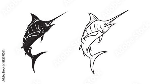 Marlin fish outline and silhouette pair