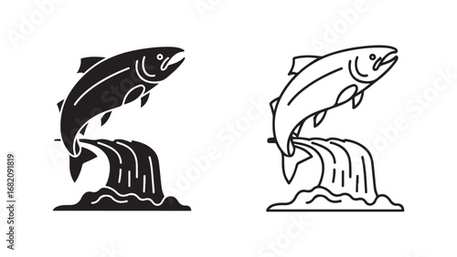 Salmon leaping waterfall outline and solid style