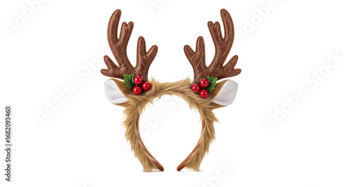 A reindeer headband with brown antlers, fluffy ears, red berries, and green leaves on a black background