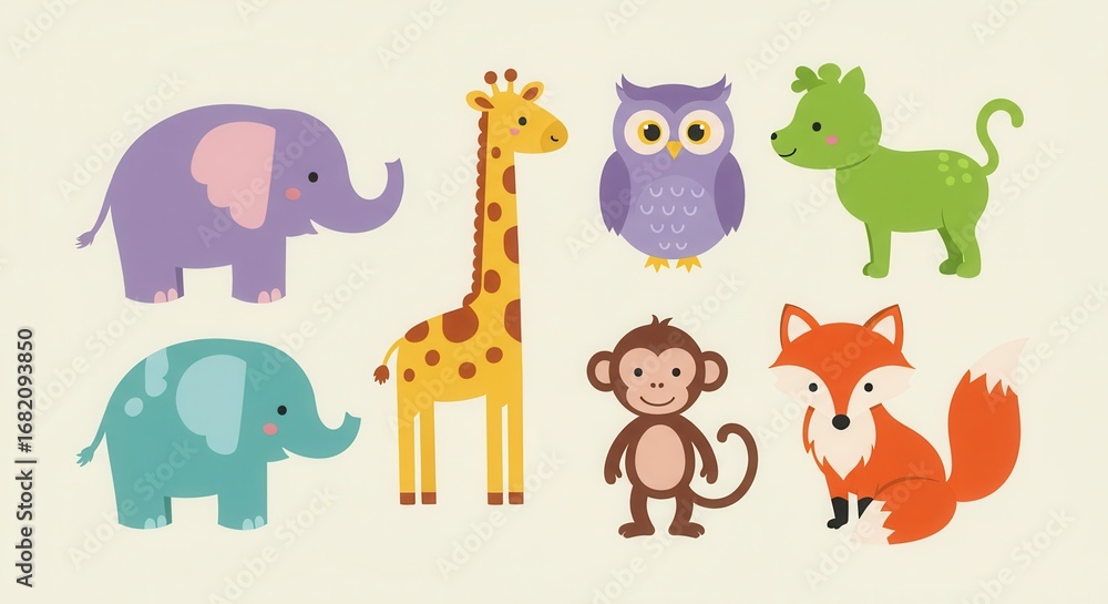 Fototapeta premium Colorful, cartoon-style animal illustrations set against a light beige background.