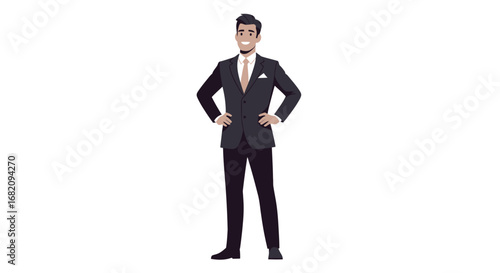 A confident businessman stands with hands on his hips, wearing a dark suit, tie, and pocket square, smiling against a white background.