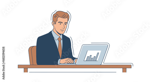 A professional man in a suit working on a laptop, looking directly at the viewer.