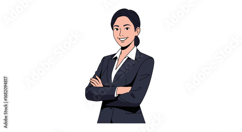An illustration of a confident businesswoman in a dark suit, smiling with her arms crossed against a white background.