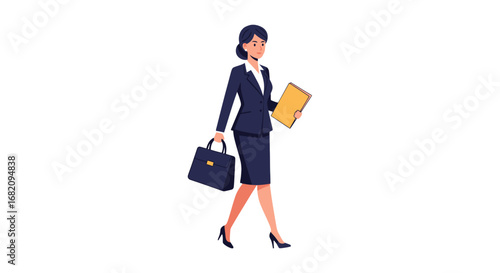 A professionally dressed woman walks forward, carrying a briefcase and a folder, looking confident.