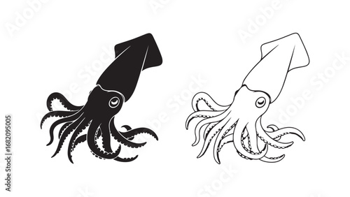 Squid outline and silhouette with transparent background