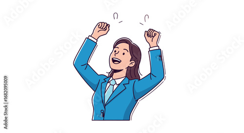 Triumphant businesswoman celebrating success with arms raised high, joyful expression.