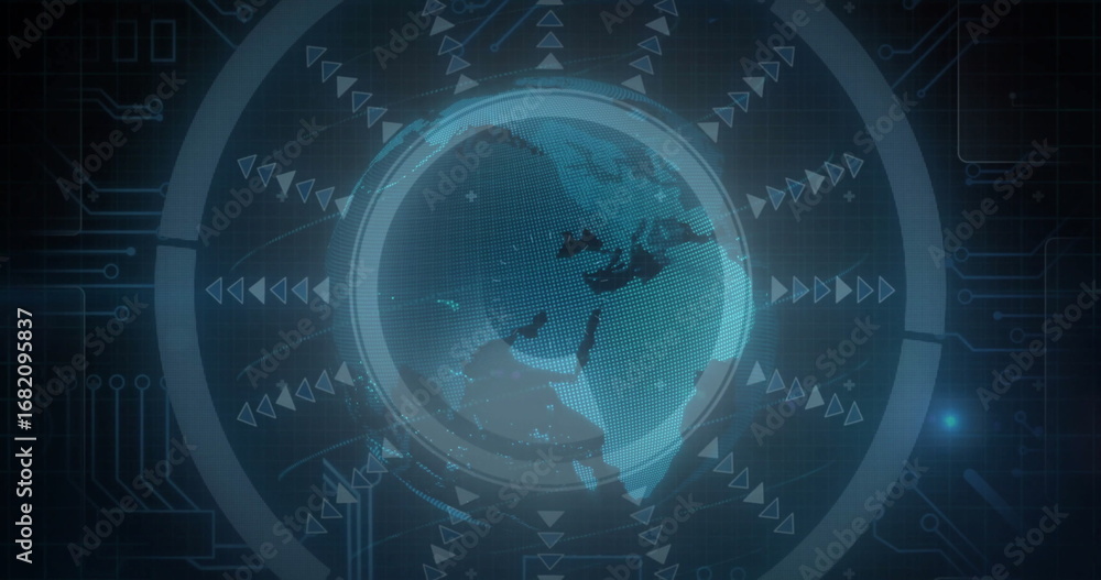 Fototapeta premium Displaying holographic Earth globe in data dashboard, with rings and arrows on circuit-board lines