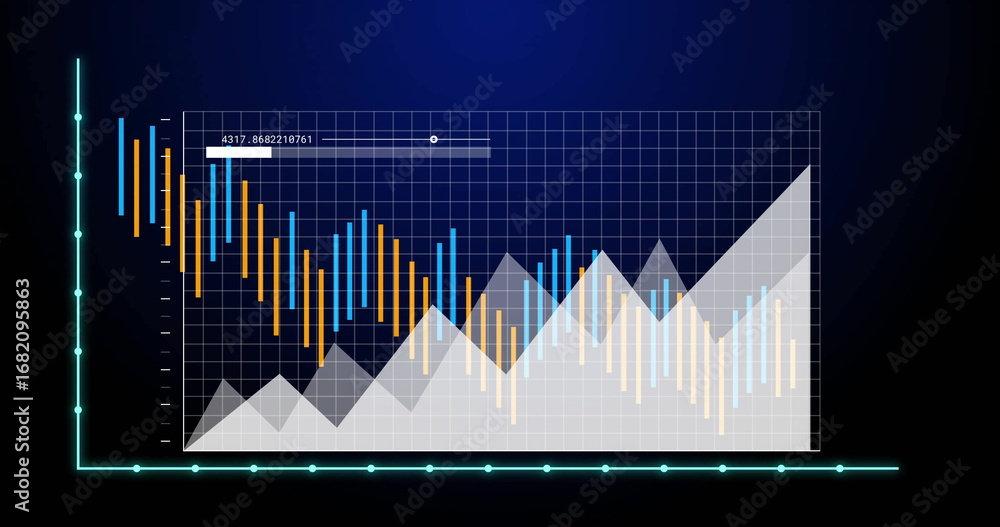 Fototapeta premium Displaying multiseries data chart on screen, with grid neon axes area peaks and data slider