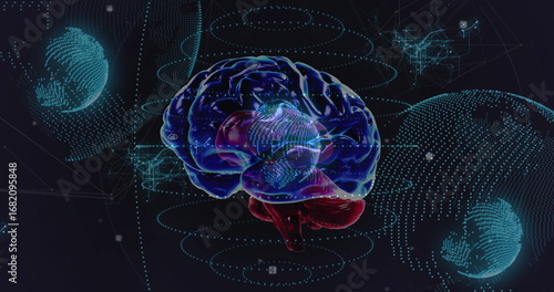 Glowing translucent brain model floating in virtual data space with globe wireframes, data rings